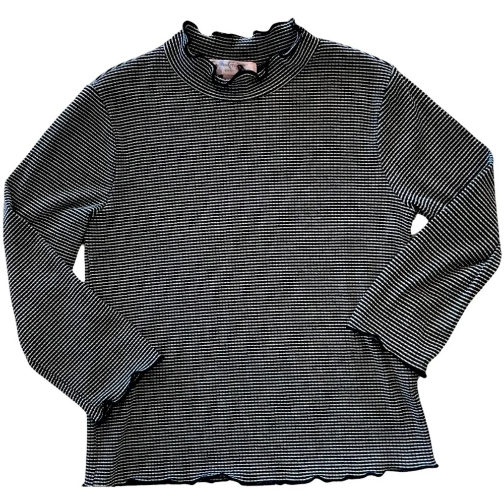 Girls Striped Long Sleeve Shirt, Black/White, Ruffle Lining, Youth Medium